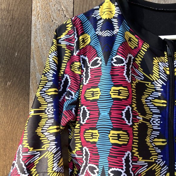 Women's One Piece Swimsuit front ZIPPER- 3/4 sleeves -Multi-color design  preown - Picture 6 of 6